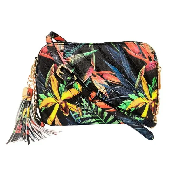 ALDO CROSSBODY HANDBAG TROPICAL BLACK AND FLORAL PURSE NEW - Picture 1 of 7